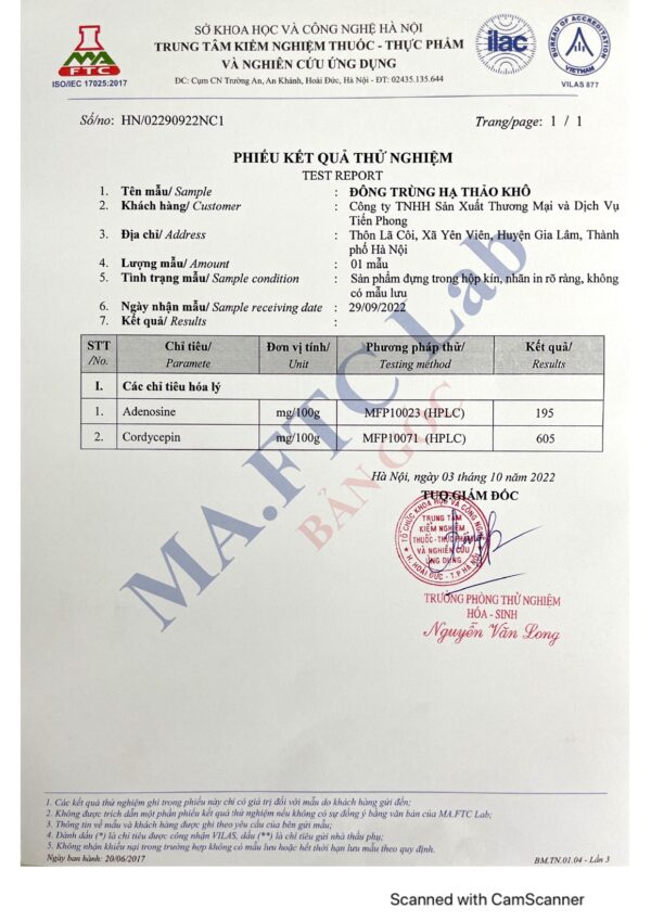 Kết quả thử nghiệm sản phẩm đông trùng hạ thảo c3